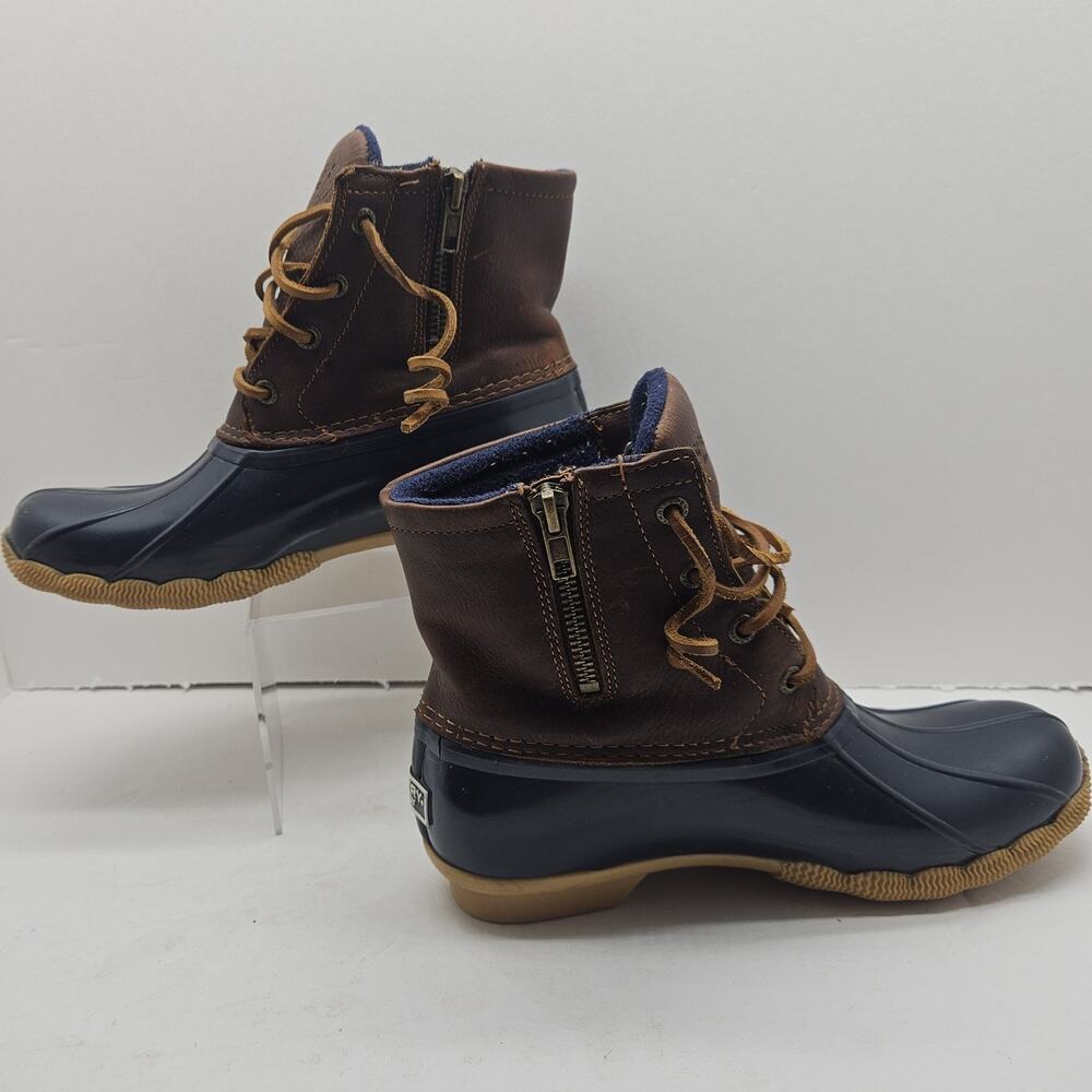 Sperry Saltwater Brown Leather and Navy Duck Rain Winter Boots Size 6 STS91175 - Picture 2 of 7